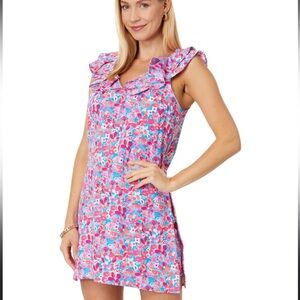 Lilly Pulitzer Pink & Blue Floral Ruffle-Trim Sleeveless Mini Dress